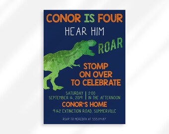 May include: A blue invitation with a green dinosaur silhouette. The text reads "Conor is Four Hear Him Roar Stomp On Over To Celebrate Saturday 2:00 September 14, 2019 In The Afternoon Conor's Home 9142 Extinction Road, Summerville RSVP to Meredith at 555.09 87"