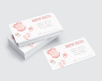 May include: Pink and white diaper raffle tickets with a pink baby onesie, a pacifier, a baby bottle, and footprints. The text on the ticket says "Diaper Raffle" and "Bring a pack of diapers, any size for a chance to win a prize".