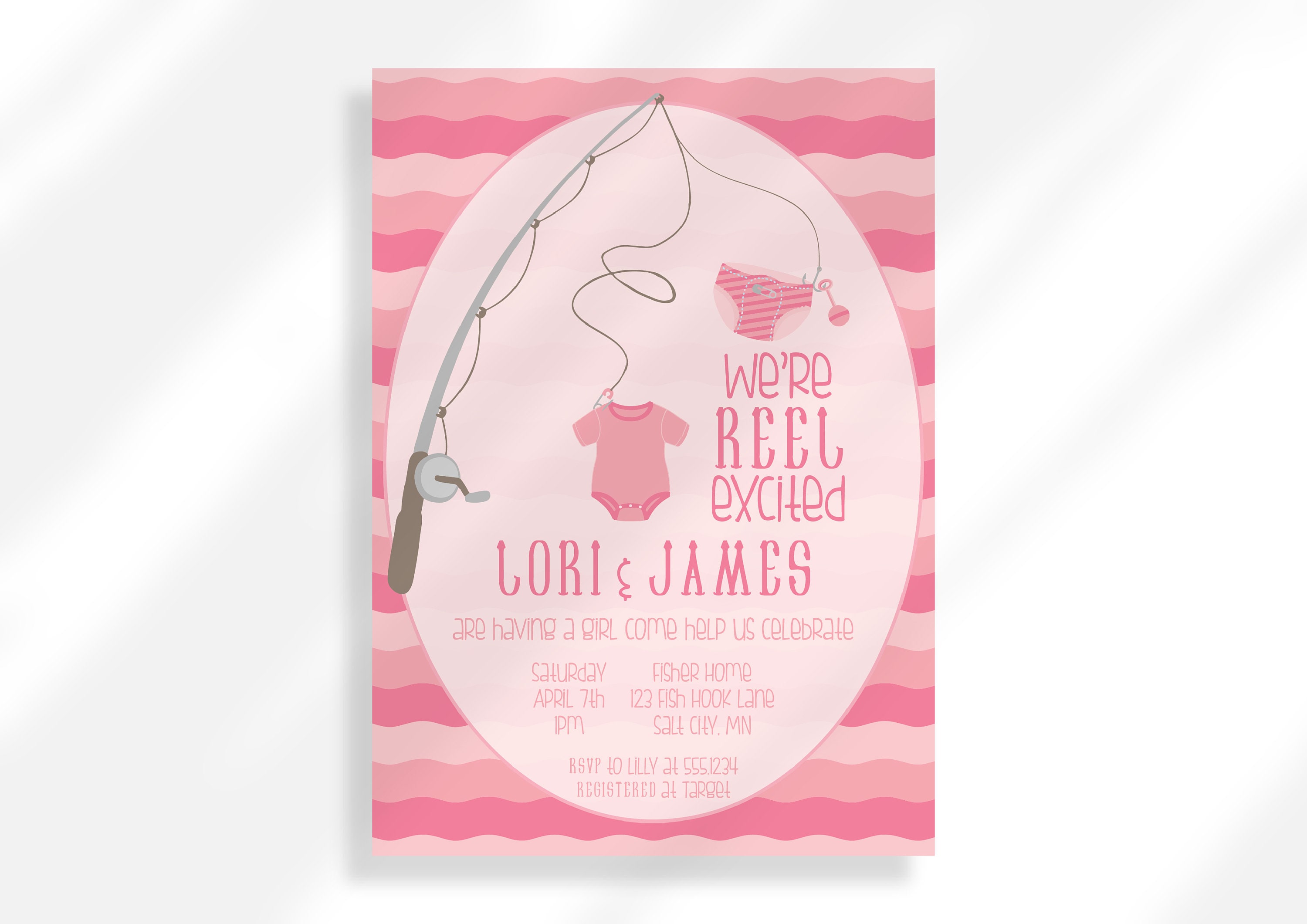Reel Excited Baby Shower Bundle Customized Invite, Fishing Baby