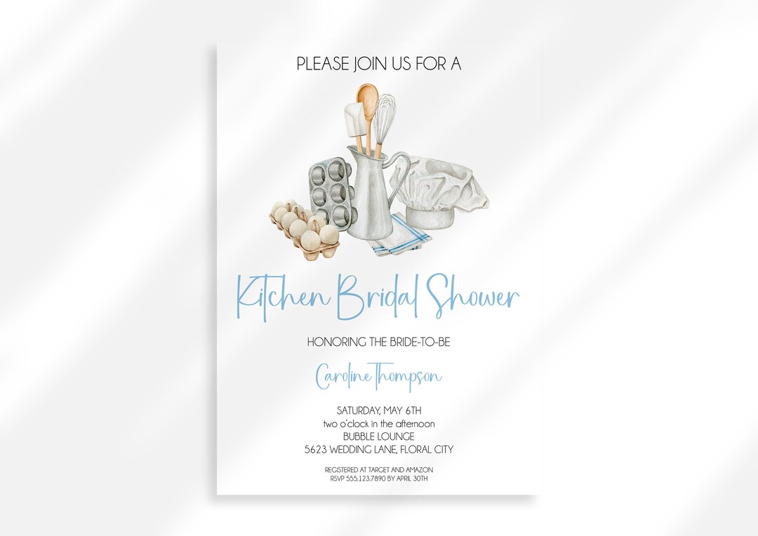 Editable Blue Kitchen Bridal Shower Invitation Pots and Pans Kitchen