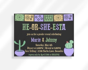Editable He Or She Esta Gender Reveal Invitation | Printable Invitation Template | Purple And Green He or She Mexican Fiesta Reveal Party