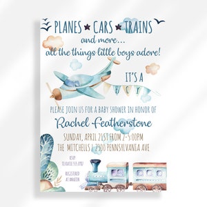 Editable Trains and Planes Baby Shower Invitation Instant Download | Aviation Transportation Printable Invitation Template | Vintage Invite