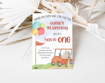 Hole In One Golf First Birthday Invite Boy Editable, Lets Par Tee I'm One Golf 1st Birthday Party Invitation Boy, Mastered His First Year