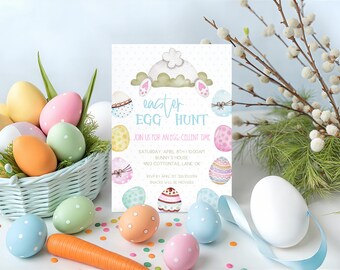 Invitación para la búsqueda de huevos de Pascua y brunch, excelente invitación imprimible para la búsqueda de huevos de Pascua, folleto para la búsqueda de huevos de Pascua, invitación para la iglesia y la comunidad.