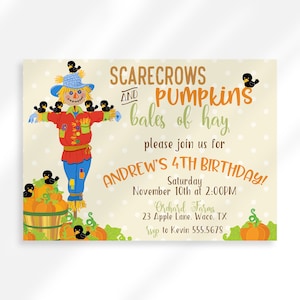 Fall Harvest Birthday Party Invitation, Pumpkin Patch Invitation Community Fall Event Halloween Birthday Party Scarecrow Invite Editable
