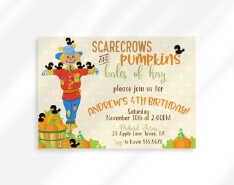 May include: A colorful invitation for a 4th birthday party with a scarecrow, pumpkins, and bales of hay. The text reads "Scarecrows and Pumpkins bales of hay, please join us for Andrew's 4th Birthday! Saturday, November 10th at 2:00PM, Orchard Farms, 23 Apple Lane, Waco, TX, rsvp to Kevin 555.5678".
