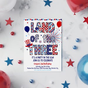 Party In The USA Birthday Invitation Girl Editable, Land Of The Three Invitation Boy Digital Download, 4th of July Themed 3rd Birthday