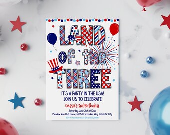 Party In The USA Birthday Invitation Girl Editable, Land Of The Three Invitation Boy Digital Download, 4th of July Themed 3rd Birthday