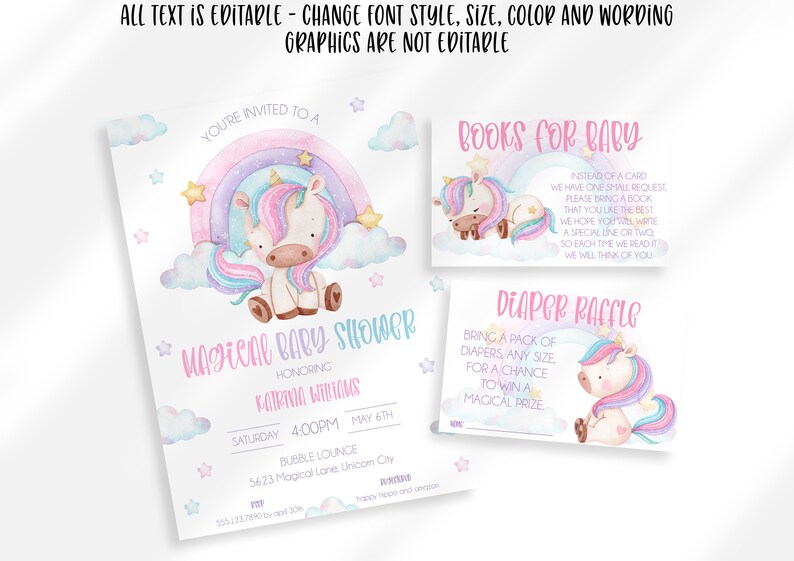 Editable Unicorn Baby Shower Printables Unicorn Rainbow - Etsy