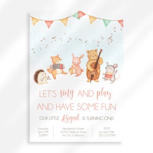 Editable niño primera invitación de cumpleaños descarga instantánea / fiesta animal invitación / música fiesta de cumpleaños cantar y bailar instrumentos musicales