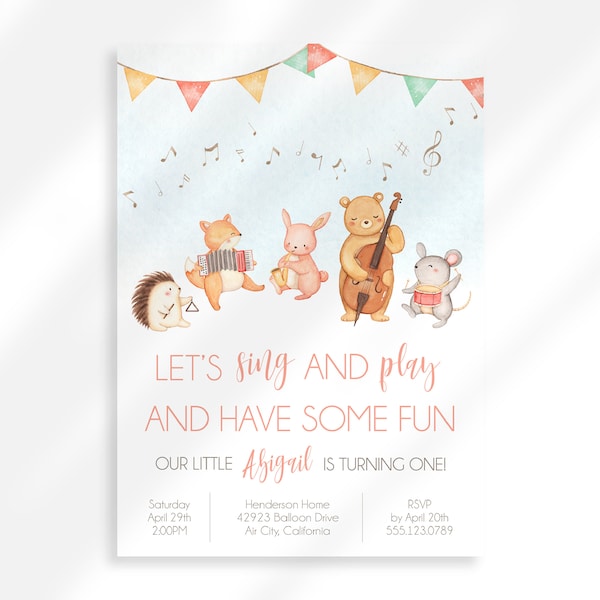 Editable Kid First Birthday Invitation Instant Download | Party Animal Invitation | Music Birthday Party Sing And Dance Musical Instruments