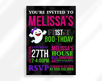 First Halloween Birthday Invitation Girl Printable, 1st Boo Day Invite Girl digital Download, Spooky One Birthday Party evite Girl Editable
