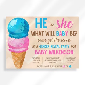 Editable Whats The Scoop Gender Reveal Invitation Digital Download | Ice Cream Gender Reveal Party Printable Invitation Template He Or She