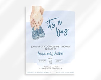 Editable Blue Baby Shower Invitation Boy | Blue Baby Booties Shower Invitation | It's A Boy Baby Sprinkle | Blue Couples Shower Invitation