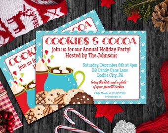 May include: A blue and white invitation card with snowflakes for a Cookies & Cocoa holiday party. The invitation includes the date, time, address, and RSVP information. The card features illustrations of cookies and mugs of hot cocoa.