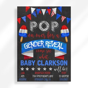 Editable About To Pop Gender Reveal Invitation for Instant Digital Download | 4th of July Printable Invitation Template Independence Day