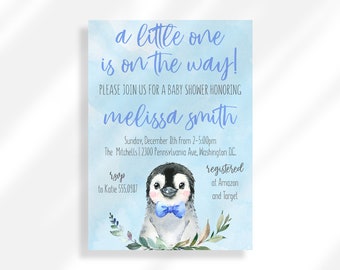 May include: A blue and white baby shower invitation featuring a penguin wearing a blue bow tie. The invitation reads "a little one is on the way!" and includes the name "melissa smith".