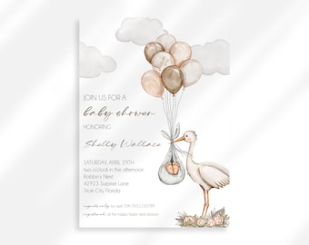 Editable Stork Baby Shower Invitation | Gender Neutral Baby Shower Invite | Baby Stork Shower Invite Boho Baby Shower | Balloon Baby Shower