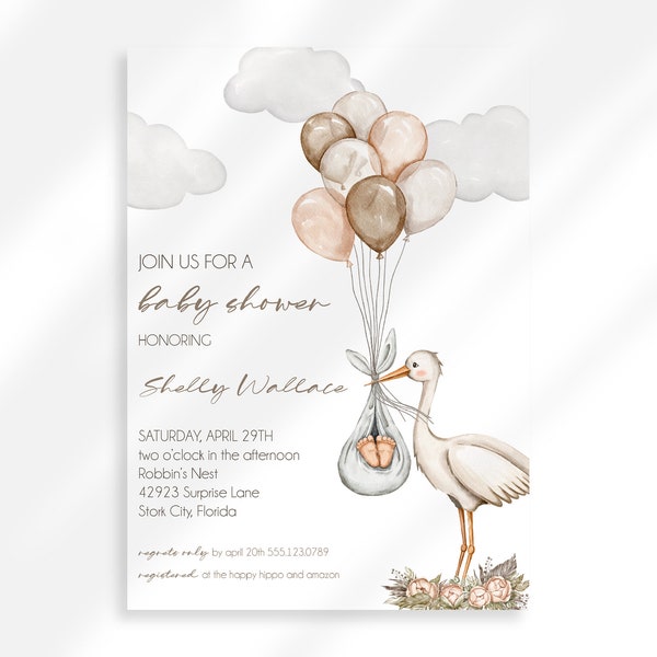 Editable Stork Baby Shower Invitation | Gender Neutral Baby Shower Invite | Baby Stork Shower Invite Boho Baby Shower | Balloon Baby Shower