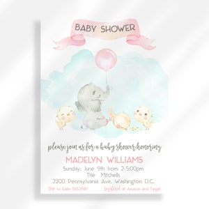 Editable Elephant Balloon Baby Shower Invitation For Girl | Girl Baby Shower Printable Invitation Template | Pink Elephant Theme Invitaiton