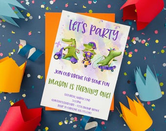 May include: A colourful invitation for a first birthday party with the text "Let's Party" and "Join our krewe for some fun Mason is turning one!" The invitation features a watercolour background with three cartoon alligators riding scooters and skateboards.