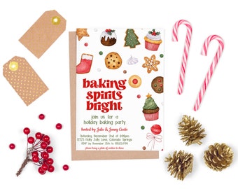 May include: A Christmas-themed invitation with a white background and a festive pattern of gingerbread cookies, cupcakes, candy canes, and Christmas trees. The text reads "baking spirits bright" in red letters with a retro font. The invitation is for a holiday baking party hosted by Julie & Jenny Curtis on December 2nd at 6:00pm. The address is 12223 Holly Jolly Lane, Colorado Springs. RSVP by November 29th to 500123.0789. Please bring a plate of cookies to share.