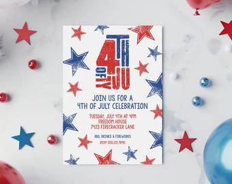 4th of July Invitation Template, Red White Blue BBQ Invitation, Patriotic Stars And Stripes, July 4th Neighborhood BBQ Patriotic Invitation