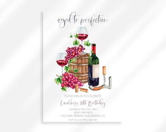 May include: Invitation to a birthday party with a wine theme. The invitation features a watercolor illustration of a wine bottle, two glasses of wine, grapes, and a wine barrel. The text on the invitation reads "aged to perfection" and "Caroline's 30th Birthday".