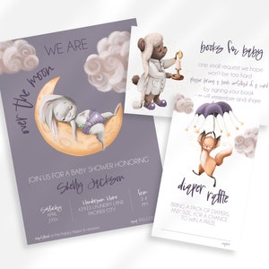 Invitations modifiables pour baby shower, billets de tombola de couches-culottes et carte de demande de livre pour baby shower | Baby shower sur le thème du lapin sur la lune