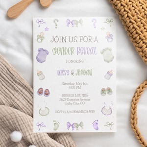 Editable Gender Reveal Invitation Digital Download | Purple or Green Invite | Neutral Gender Reveal Party Printable Invitation | He or She