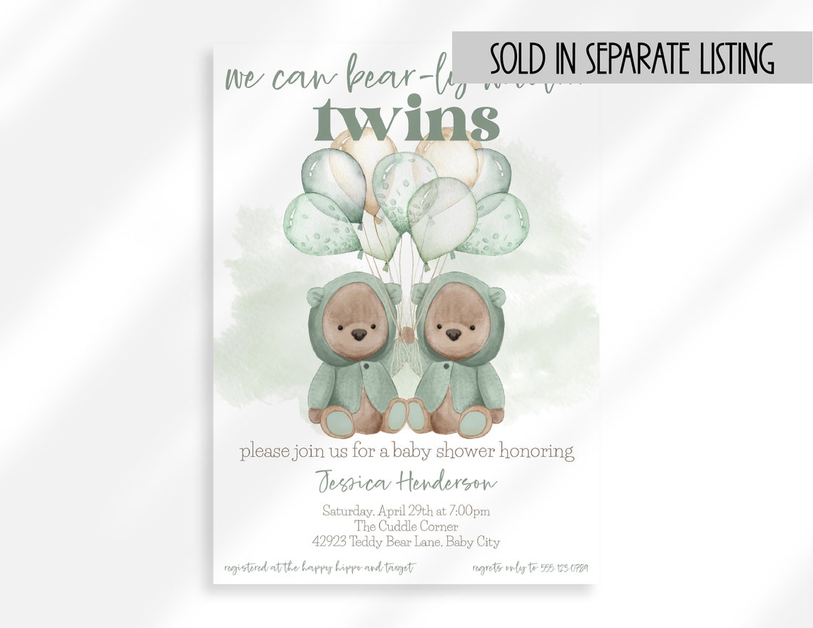 Editable Twin Baby Shower Invitation Instant Download Twin Teddy Bear Theme Baby Shower Gender ...