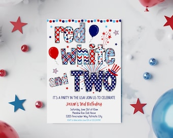 Red White And Two Invitation Boy Digital Download, 4th of July Themed 2nd Birthday Invitation Girl Editable, All American Birthday Party