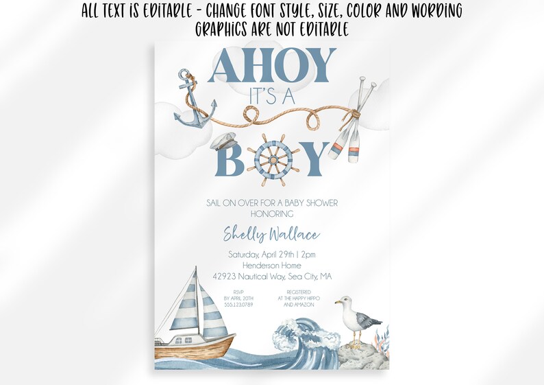 Editable Ahoy Its A Boy Baby Shower Invitation Nautical Theme Baby