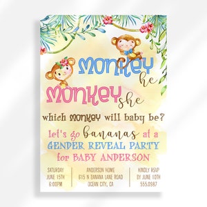 Editable Monkey He Monkey She Gender Reveal Invitation Instant Download | He Or She Pink Or Blue | Jungle Gender Reveal | Safari Theme