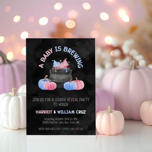 Editable Baby Is Brewing Gender Reveal Invitation | A Baby Is Brewing Invitation Halloween Pink or Blue Gender Reveal Halloween Baby Shower