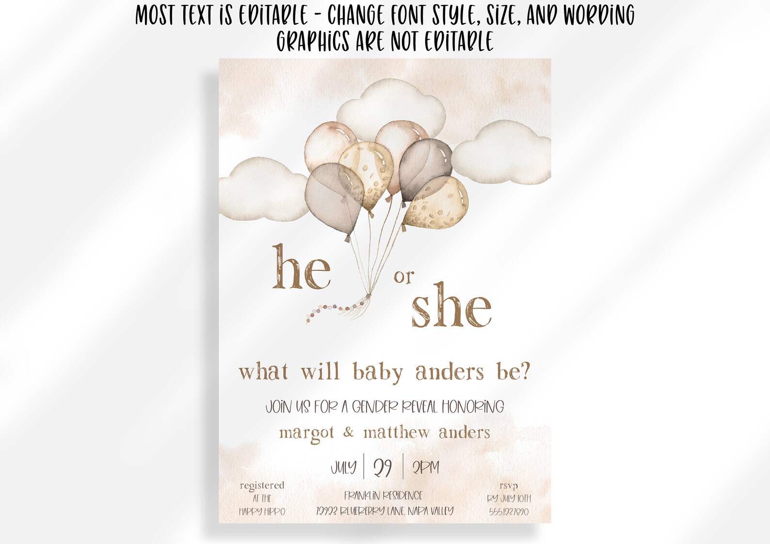 Editable He or She Gender Reveal Printable Invitation Template ...