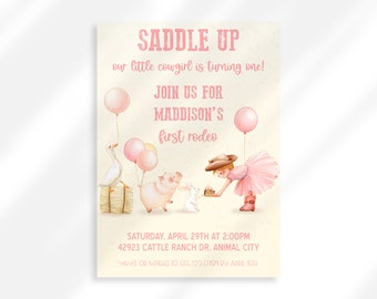 Invitación imprimible para primer cumpleaños de rodeo para niña, invitación editable para primer cumpleaños de vaquera rosa, invitación para fiesta de cumpleaños del oeste para niña