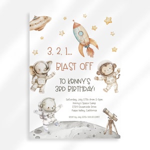 May include: A space-themed birthday party invitation with a rocket, stars, and three animals dressed as astronauts. The text reads "3. 2. 1... Blast Off to Konny's 3rd Birthday!" with party details below.