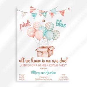 Editable Pink or Blue Gender Reveal Invitation | Balloon Gender Reveal Party Printable Invitation Template | Girl or Boy He or She Invite