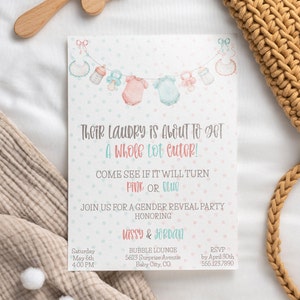 Editable Clothesline Gender Reveal Invitation Digital Download | Blue or Pink Baby Clothes Invite | Gender Reveal Party Invite | Pink Blue