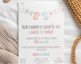 Editable Clothesline Gender Reveal Invitation Digital Download | Blue or Pink Baby Clothes Invite | Gender Reveal Party Invite | Pink Blue