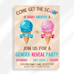 Editable Whats The Scoop Gender Reveal Invitation Digital Download | Ice Cream Party Printable Invitation Template | He Or She Reveal Party