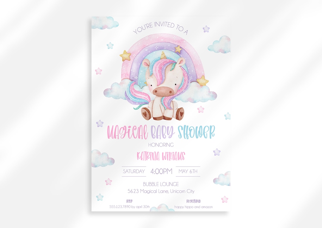 Editable Unicorn Baby Shower Invite Rainbow Unicorn Party Invitation Magical Baby Shower Girl