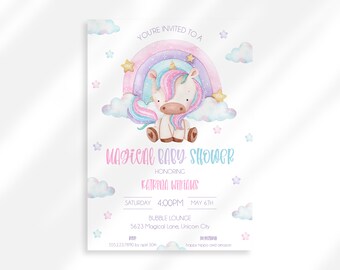 Editable Unicorn Baby Shower Invite | Rainbow Unicorn Party Invitation | Magical Baby Shower | Girl Baby Shower Invitation Digital Download