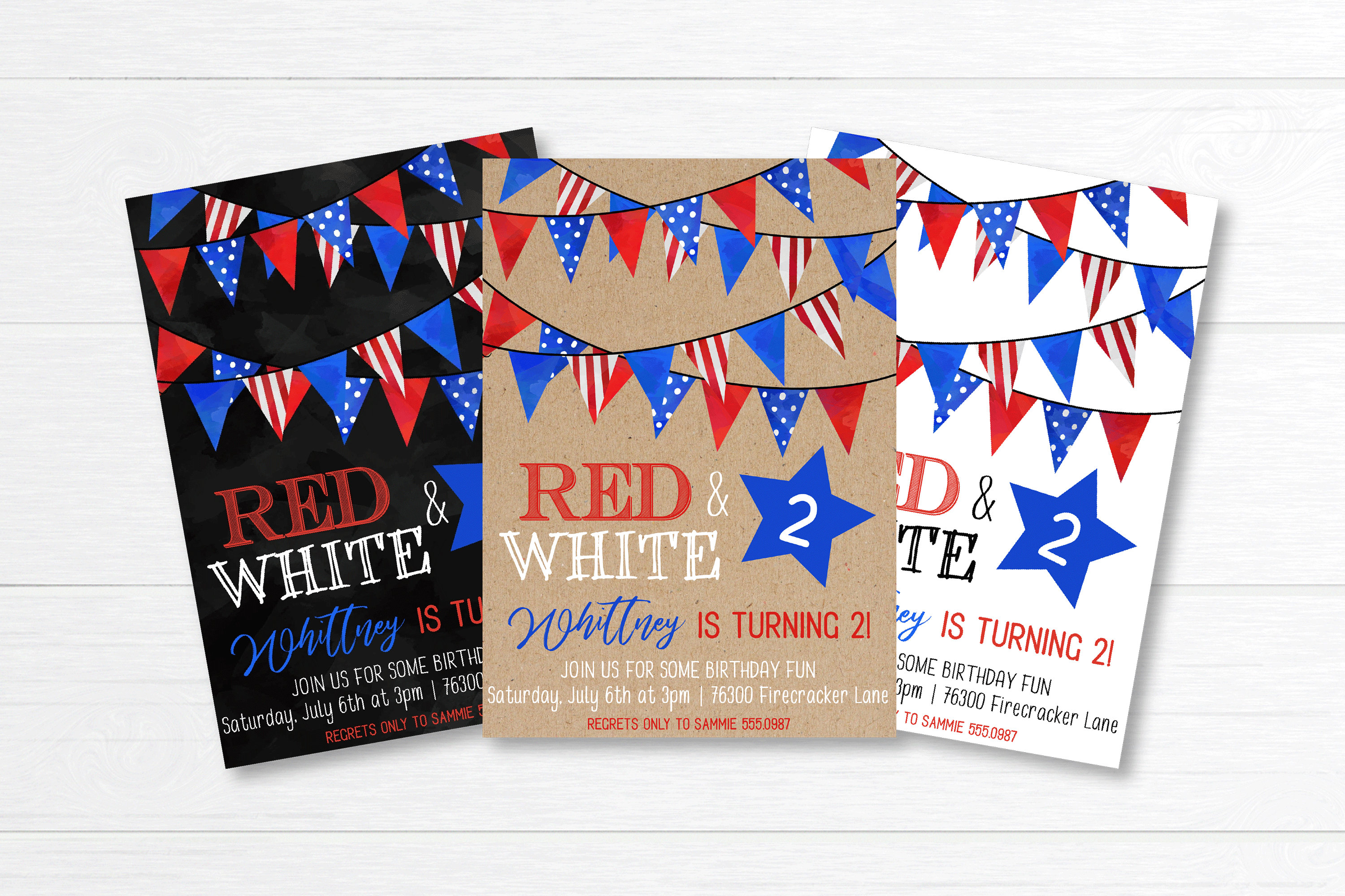 Red White and Two 2nd Birthday Invitation Printable, 4th of July Second ...