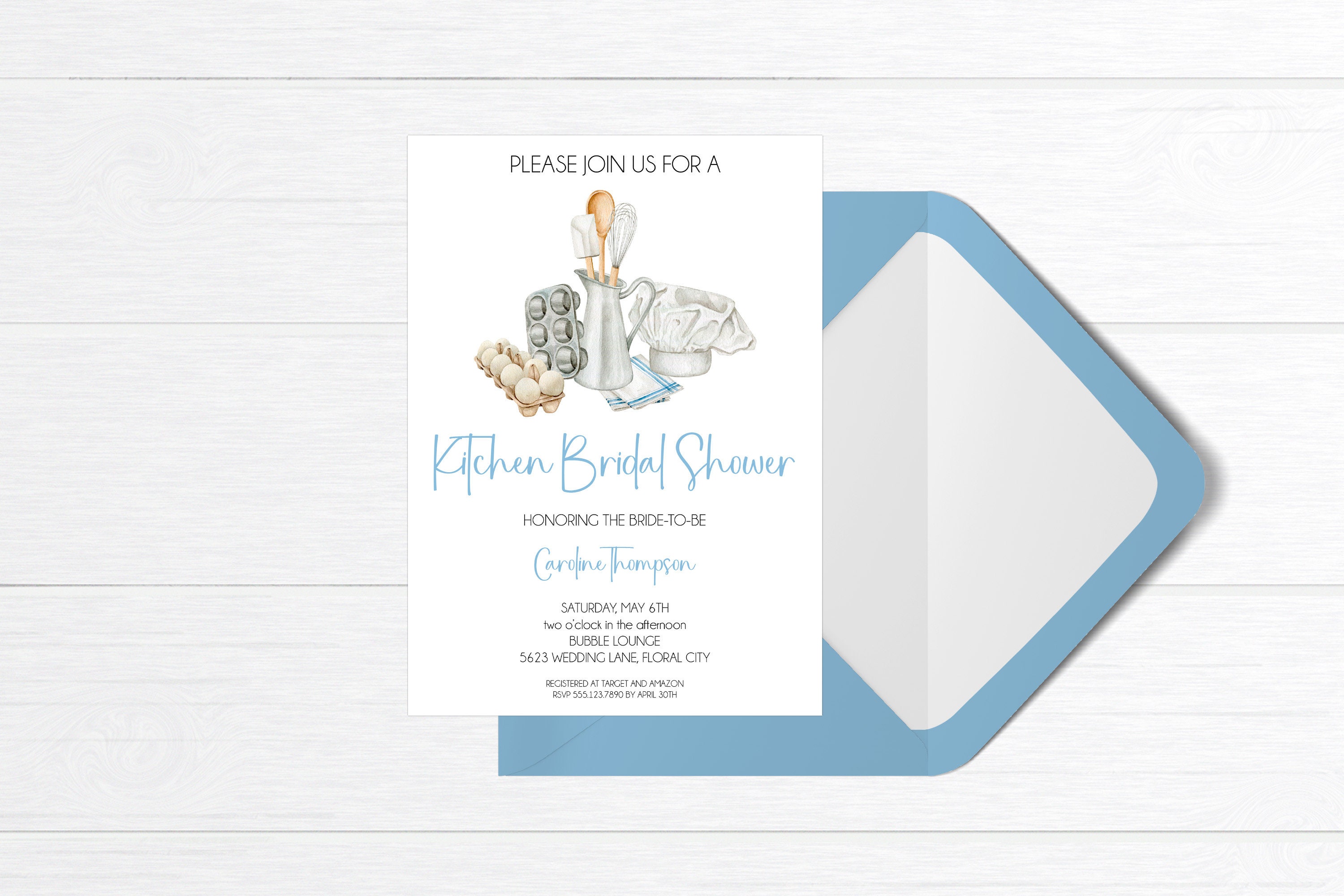 Editable Blue Kitchen Bridal Shower Invitation Pots and Pans Kitchen
