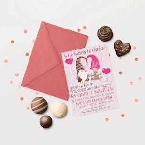 Editable Valentine Gender Reveal Invitation | Valentine Reveal Party Printable Invitation Template | Valentine Gnome He or She Gender Party
