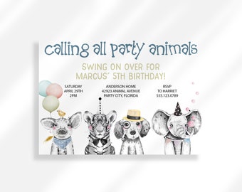 Bearbeitbar Calling All Party Animals Geburtstagseinladung für Sofortigen Digitalen Download Druckbare Einladung Vorlage | Wild One Einladung Zoo