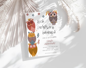 May include: A colorful invitation with three owls stacked on top of each other. The owls are decorated with different patterns and colors. The text on the invitation reads "look whoo's turning 2!" and includes details about a birthday party.