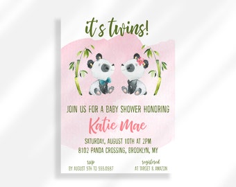 Editable Twins Baby Shower Invitation | Twin Pandas Baby Shower Invite | Jungle Theme Shower | Boy And Girl Twin Babies | Bamboo Invite